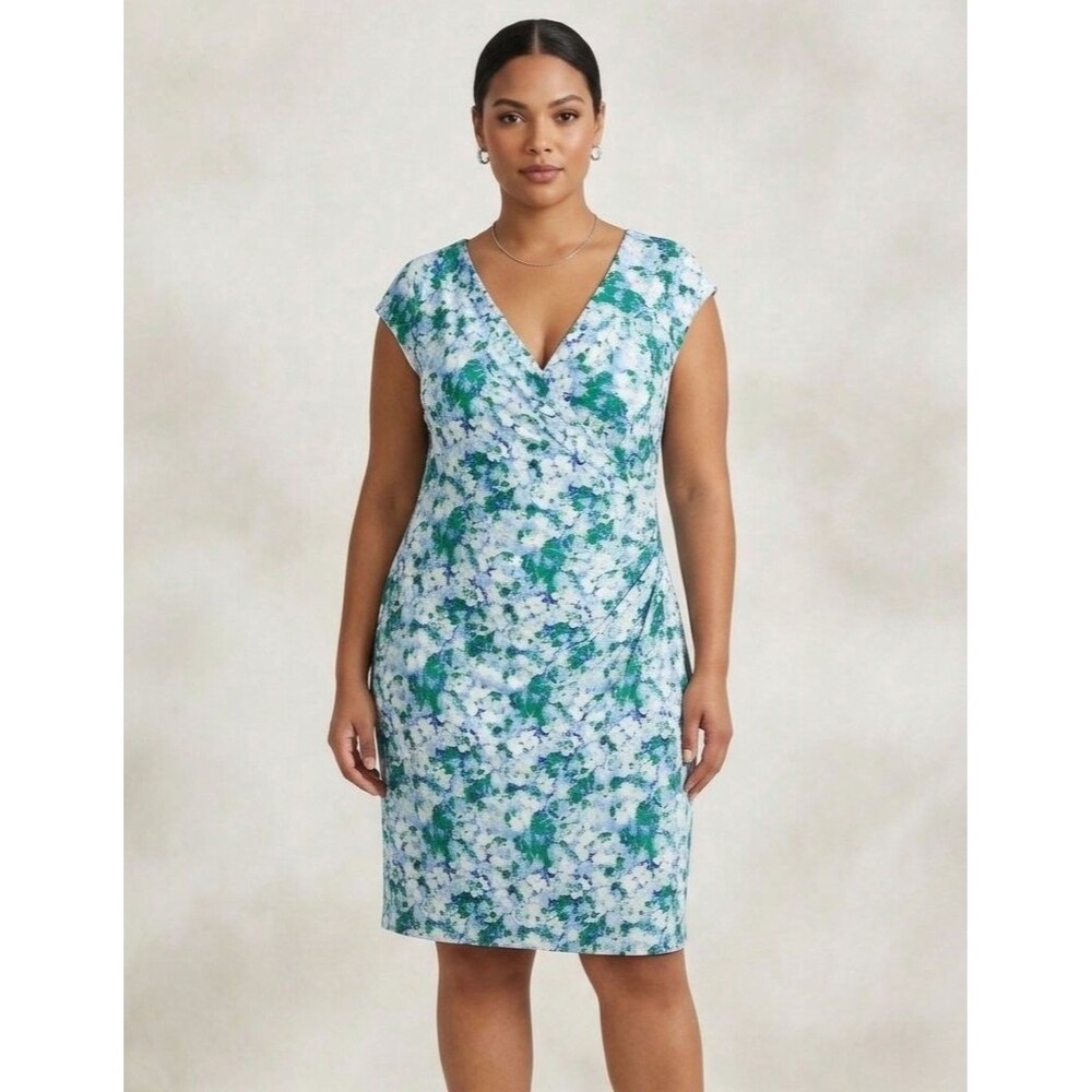 Lauren Ralph Lauren Floral Faux Wrap Ruched Sheath Dress - Size 18